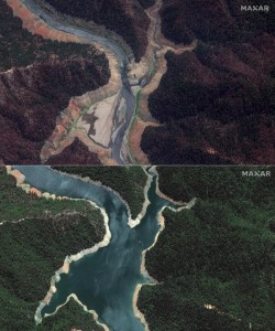 Los niveles de agua del lago Oroville, en el condado de Butte, California, el 7 de agosto (arriba); y en 2020