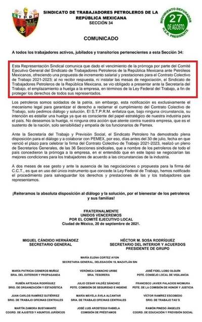 Emplaza Sindicato Petrolero a huelga en Pemex para el 30 de septiembre