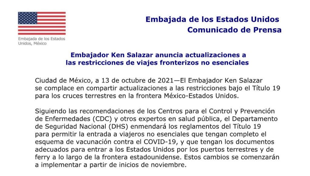 Embajador Ken Salazar anuncia actualizaciones a las restricciones de viajes