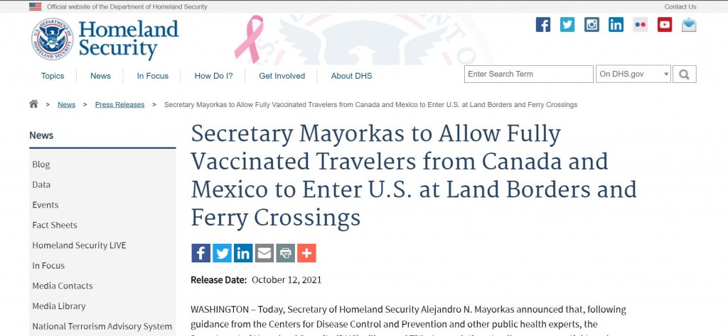 Secretary Mayorkas to Allow Fully Vaccinated Travelers from Canada and Mexico to