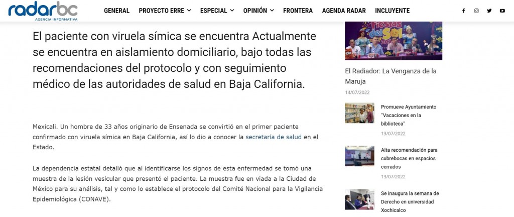 Confirman primer caso de viruela símica en Baja California
