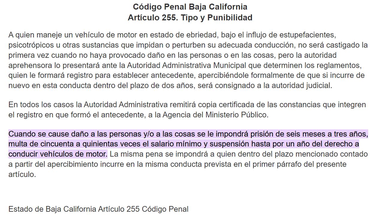 Art. 255 Código Penal del Estado de Baja California Tipo y Punibilidad
