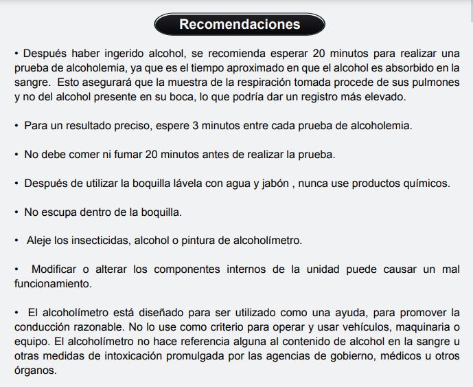 Recomendaciones de Fabricante de Alcoholímetro