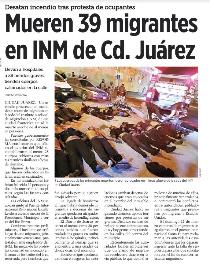 Protesta de migrantes en Ciudad Juárez, mueren 39