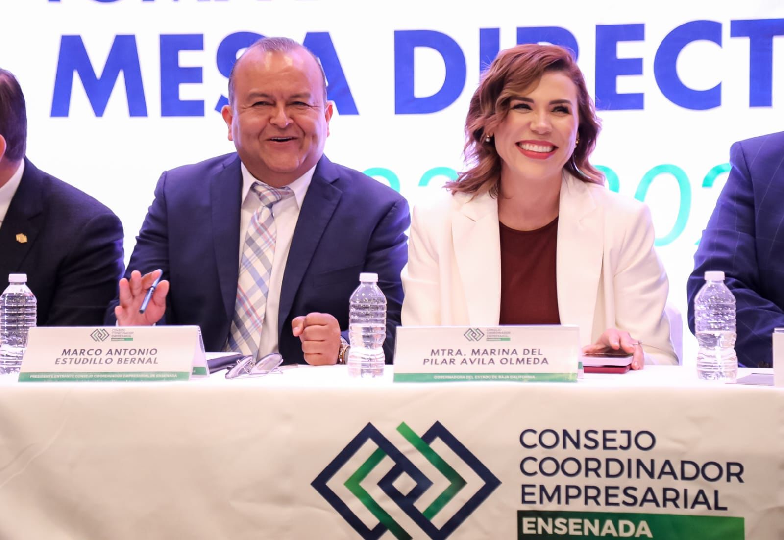 Marco Estudillo, presidente del CCEE y Marina Del Pilar Avila, Gobernadora de Baja California