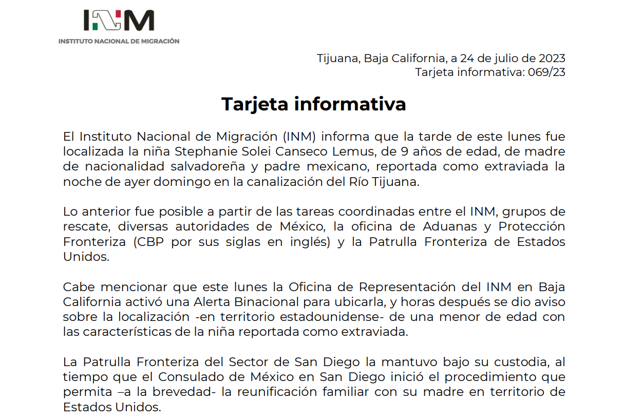 Tarjeta informativa No. 069 Localiza INM y autoridades de EU a Stephanie