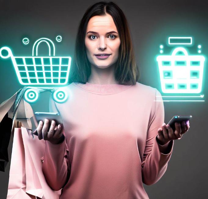 Mujer haciendo compras entre lo fisico y digital - Image Creator from Microsoft Bing