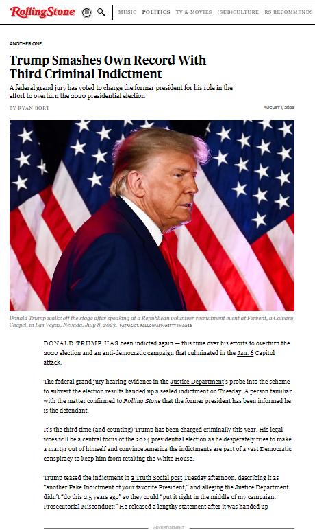 Trump Charged in Jan. 6 Probe, His Third Criminal Indictment of 2023 – Rolling Stone