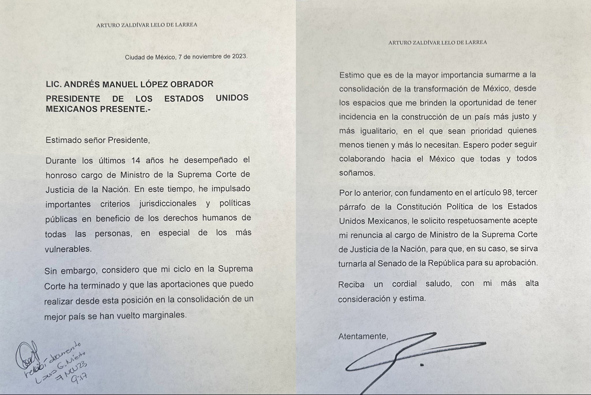 Arturo Zaldívar presenta su renuncia al cargo de ministro  Foto-X