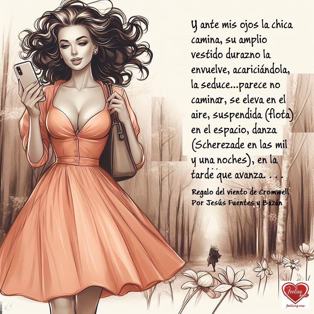 Y ante mis ojos la chica camina, su amplio vestido durazno la envuelve, acariciándola, la seduce…parece no caminar, se eleva en el aire, suspendida (flota) en el espacio