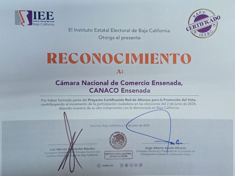 Reconocen a CANACO Ensenada por su Compromiso con la Democracia en Baja California