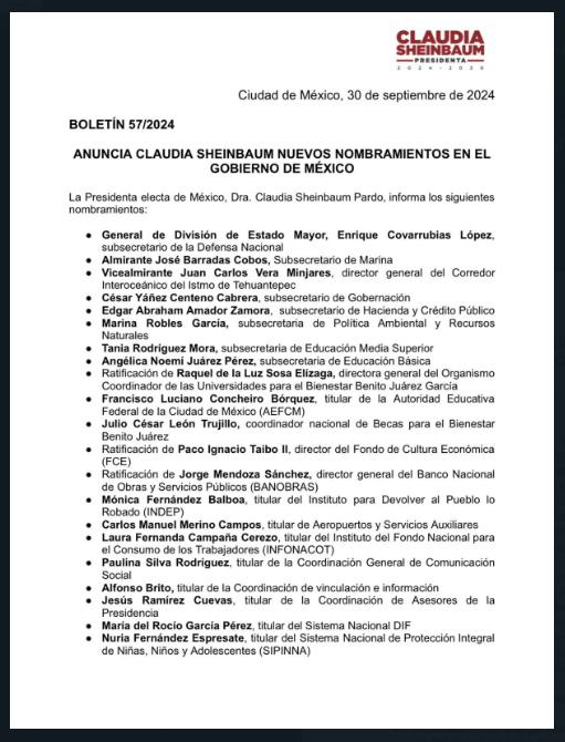 Anuncia Claudia Sheinbaum nuevos nombramientos