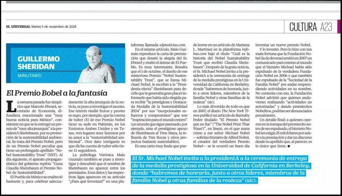 El artículo de Guillermo Sheridan, titulado El Premio Bobel a la fantasía, en El Universal