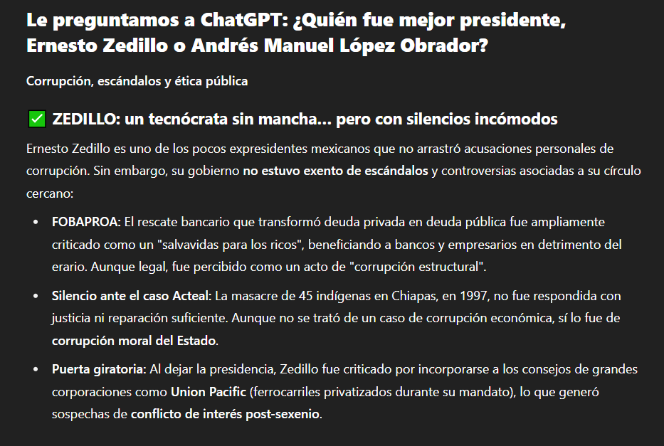 Le preguntamos a ChatGPT - Quién fue mejor presidente, Ernesto Zedillo Ponce de León o Andrés Manuel López Obrador - Esto nos contesta de Zedillo con una palomita verde