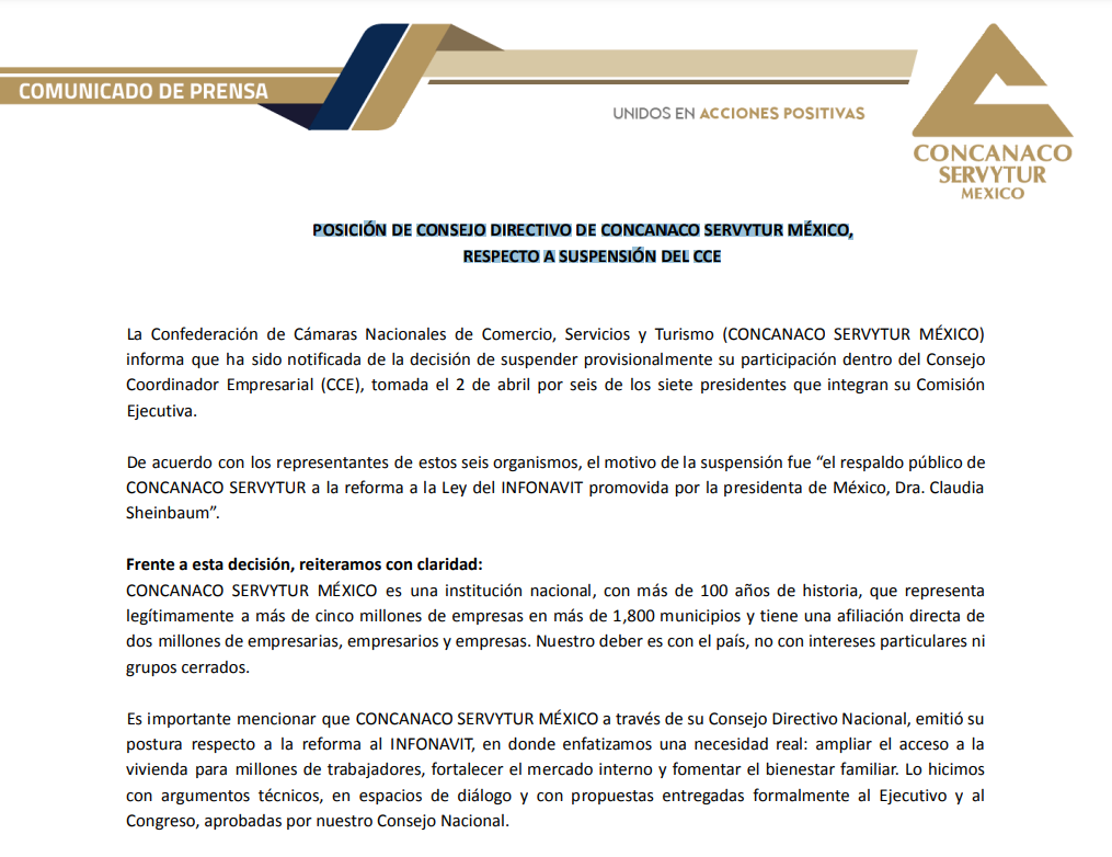 Posición de Concanaco ante suspensión del CCE