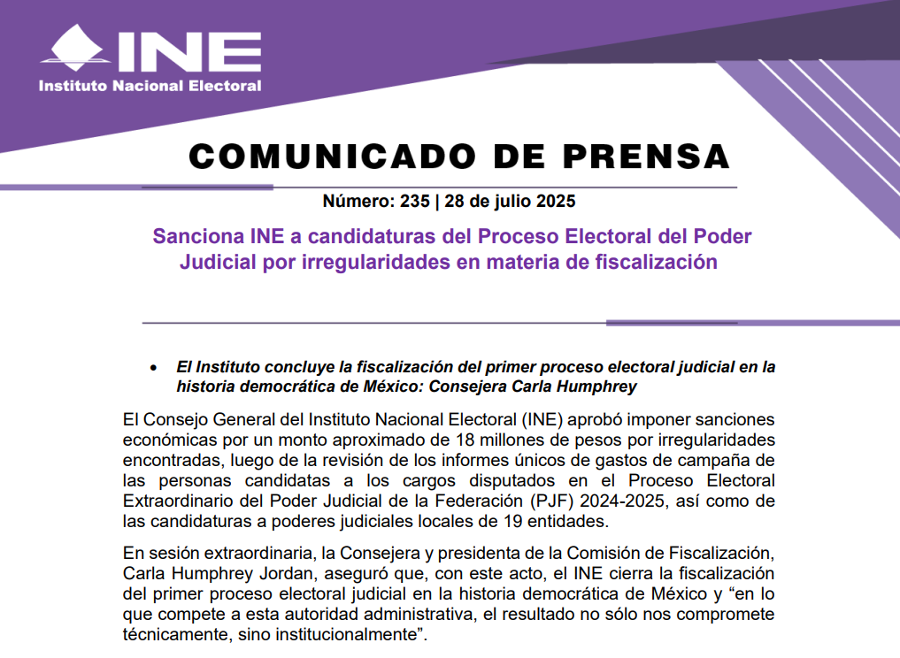 Boletín 235-Sanciona INE a candidaturas del Proceso Electoral del Poder Judicial - caratula