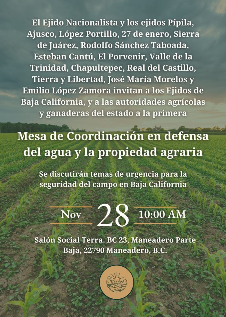 Convocan a Ejidos de Baja California a Reunión por la Defensa del Agua y la Propiedad Agraria